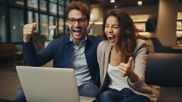 Foto van opgewonden winnaars, jonge gezinnen, koppels die zich gelukkig voelen om korting te krijgen op e-mailverkoop, terwijl ze naar het laptopscherm kijken om de online overwinning te vieren