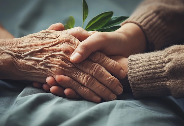 Foto van ouderen die ouderen hand in hand houden