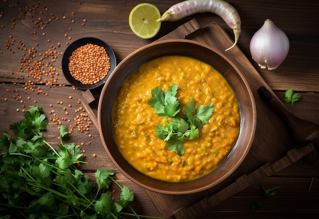 Foto foto van pittige dhal-curry in indiase aziatische stijl