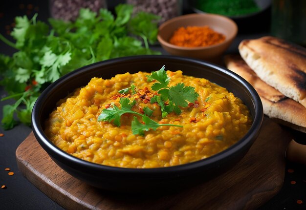 Foto van pittige dhal-curry in Indiase Aziatische stijl