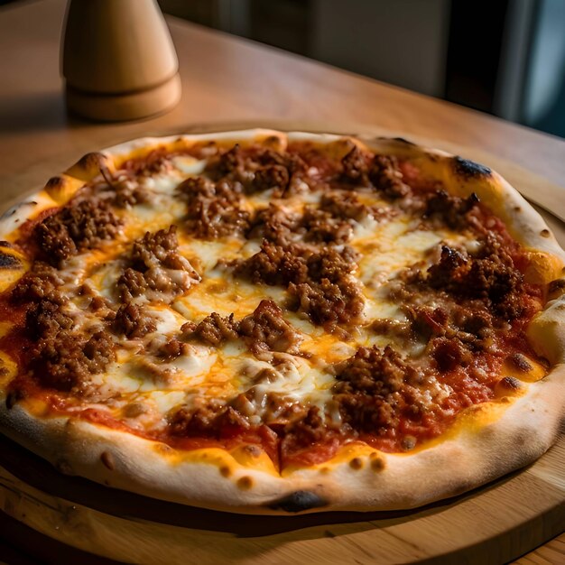 Foto van pizza op een houten bord en tafel zijaanzicht zwarte achtergrond