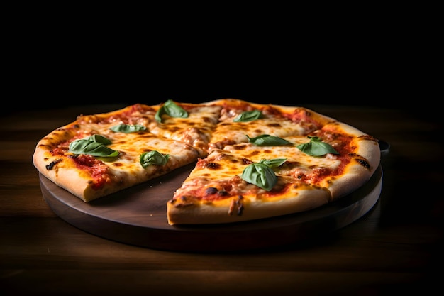 Foto van pizza op een houten bord en tafel zijaanzicht zwarte achtergrond