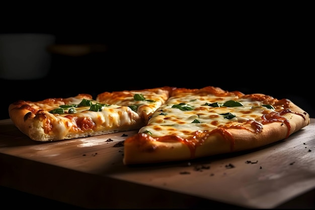 Foto van pizza op een houten bord en tafel zijaanzicht zwarte achtergrond