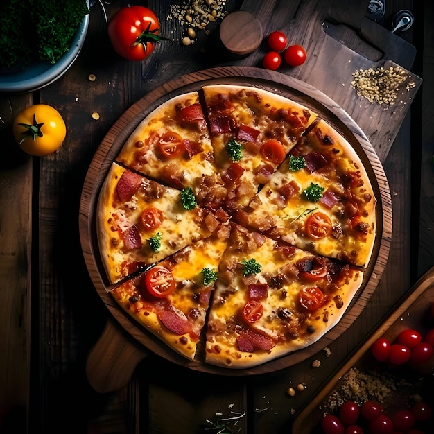 Foto van pizza op houten bord en tafelblad bekijken