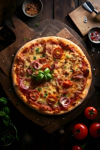 Foto van pizza op houten bord en tafelblad bekijken