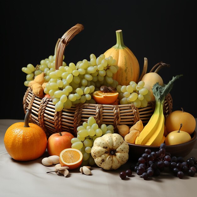 foto van pompoen en ander fruit in een mand gemaakt van bamboe met witte achtergrond