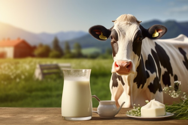 foto van portret van koe op de groene weide staat in de buurt van zuivelproducten zonnig zonlicht