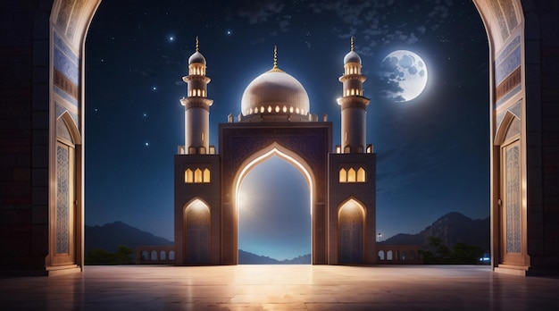 Foto van prachtige serene moskee 's nachts met maan