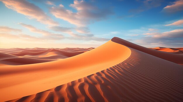 Foto van prachtige zandduinen in de Sahara woestijn breedhoek lens zonsondergang verlichting