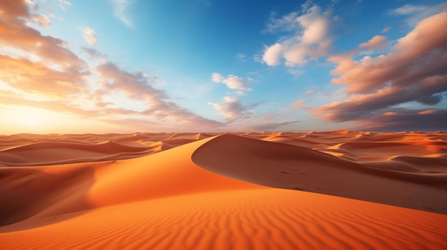 Foto van prachtige zandduinen in de Sahara woestijn breedhoek lens zonsondergang verlichting