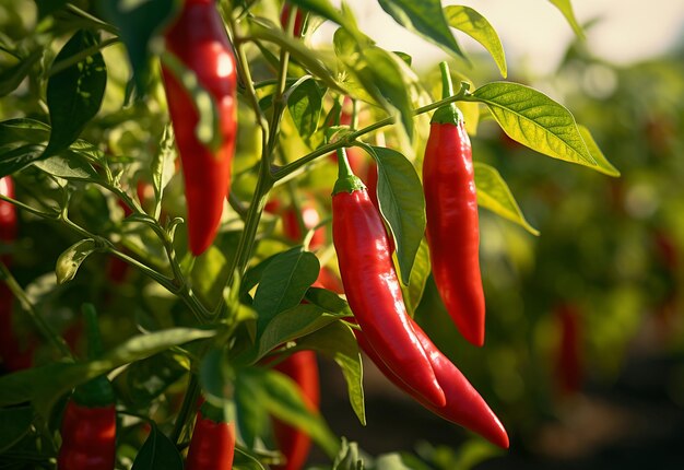 Foto van rode chili plant met rode rijpe koude rillingen chili agrarische plantage boerderij