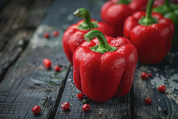 Foto van rode paprika's op een donkere houten tafel in de stijl van voedselfotografie product fotoshoot