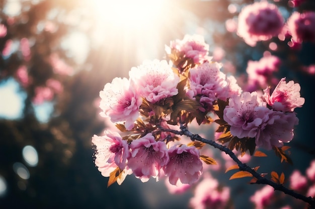 Foto van roze sakurabloesem op een zonnige dag. Kersen bloemen. Generatieve AI