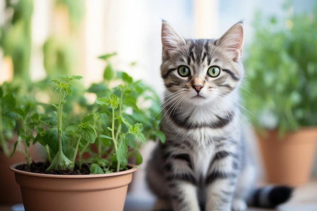 foto van schattige kat in de buurt van kattenbak in de kamer