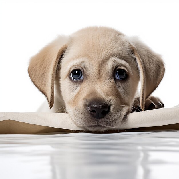 foto van schattige kleine labrador puppy die door wit papier kijkt