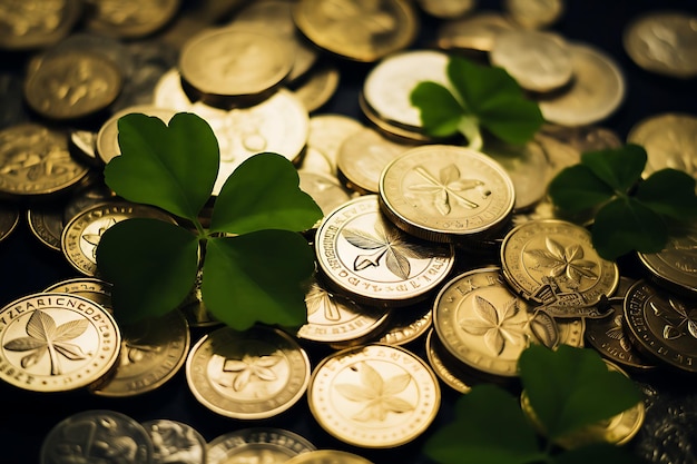 Foto van Shamrocks en Ierse munten op een St Patrick's Day