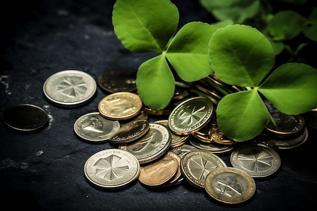 Foto foto van shamrocks en ierse munten op een st patrick's day