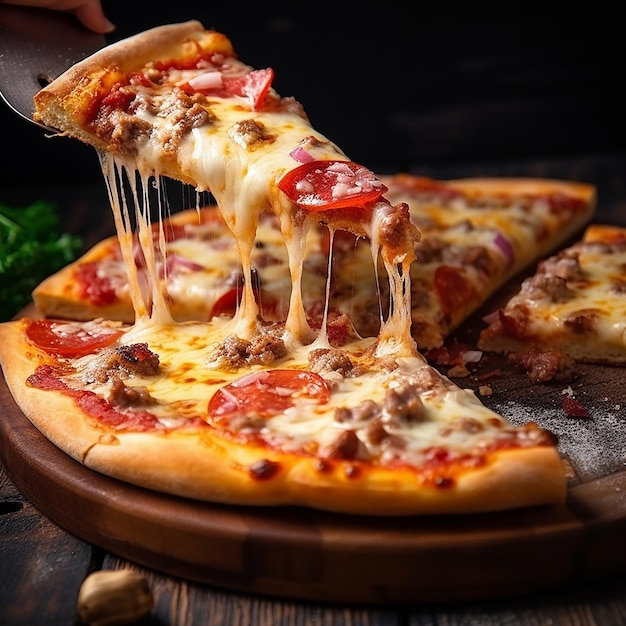 Foto van smakelijke kaasachtige pizza gevuld met tomaten, salami, kaas en olijven