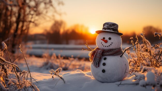 Foto foto van sneeuwpop op oranje zonsondergang achtergrond