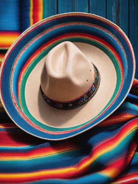 Foto foto van sombrero op serape en blauw hout