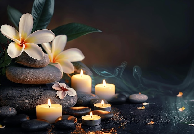 Foto van spa aromatherapie achtergrond met een ruimte en orchidee zen stenen cosmetische producten