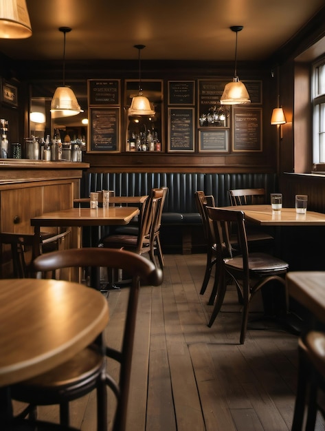 Foto van stoelen en tafels netjes gestapeld in een stille pub