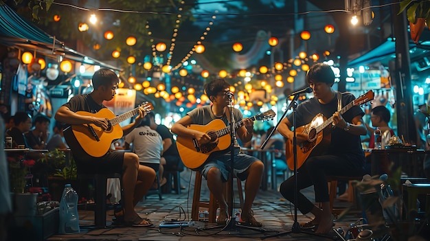 Foto van straatmuzikanten die traditionele instrumenten spelen op een nachtmarkt in de Job Care Community