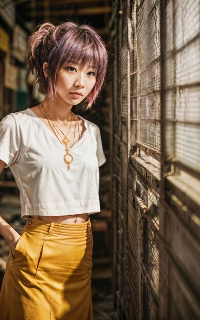 Foto van tiener speelse Aziatische vrouw met accessoires en mul kapsel generatieve AI