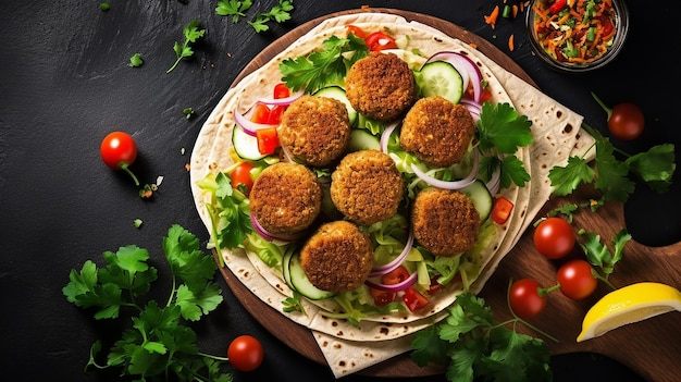 Foto van tortilla wrap met falafel en frisse salade voor liefhebbers van vegan gezond eten