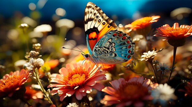 Foto van tuin met vlinder en bloemen