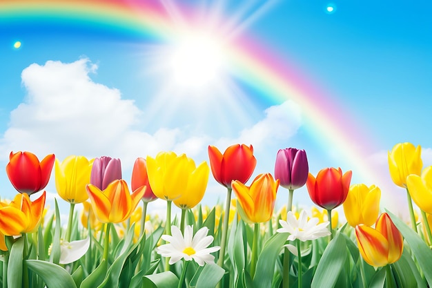 Foto van Tulpenveld met een regenboog in de lucht Tulpen