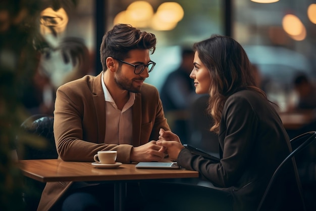 Foto van twee charmante jonge jongens en meisjes op tafel Generatieve Ai