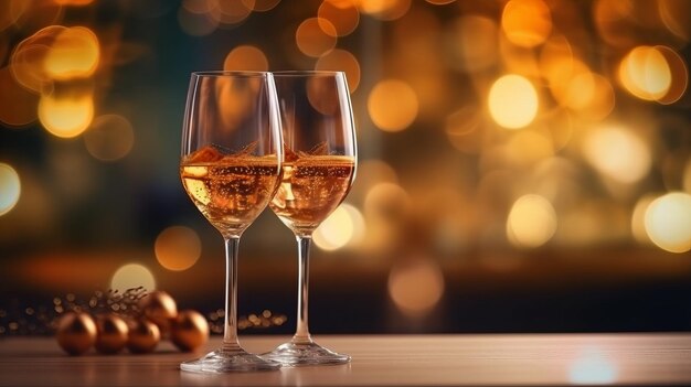 Foto van twee glazen champagne die in de nacht roosteren met lichten bokeh