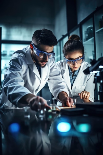 Foto van twee jonge wetenschappers die samenwerken in een lab gemaakt met generatieve AI.