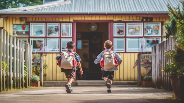 Foto van twee jongens die naar hun school rennen.