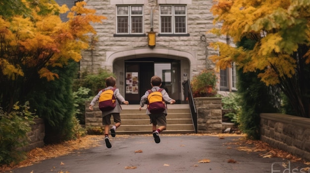 Foto van twee jongens die naar hun school rennen.
