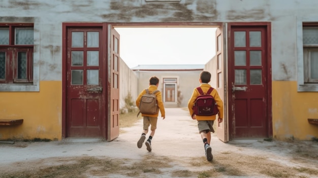 Foto van twee jongens die naar hun school rennen.