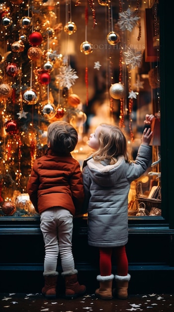 Foto foto van twee kinderen die betoverd zijn door een feestelijke kerstfeest