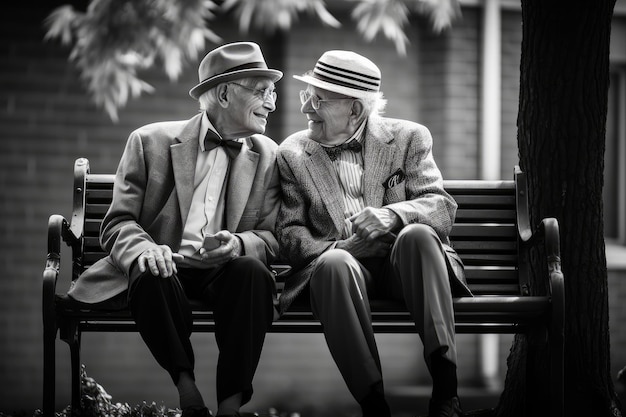 Foto van twee senioren op een bankje in een bejaardentehuis die terugdenken aan hun leven