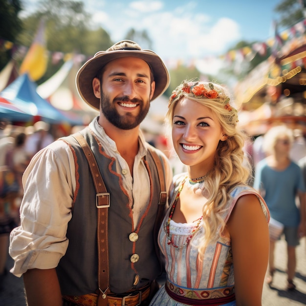 foto van twee traditionele Beierse mensen in traditionele Beierse klederdracht op een kermis overdag