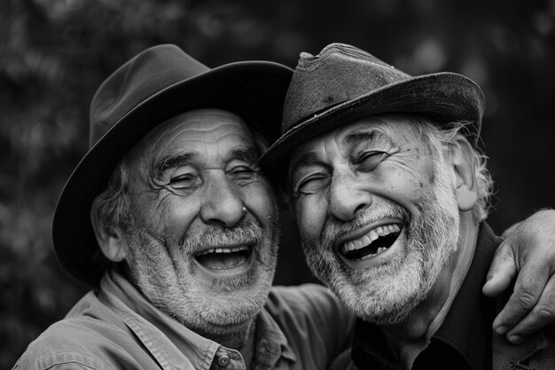 Foto foto van twee vintage mannen die de hoed dragen en lachen terwijl ze elkaar knuffelen.