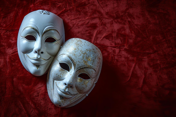Foto foto van twee witte komische en dramatische maskers op een rode fluweel achtergrond die de kunstvormen abi symboliseren