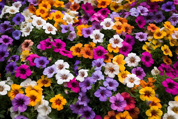 Foto van uitbarsting van kleur van een bed van petunias bloem