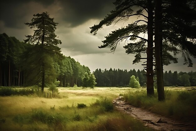 Foto van Uitgestrekt graslandschap met verre bomen