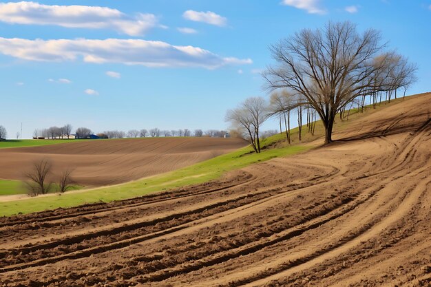 Foto foto van vers geploegde landbouwvelden in het voorjaar