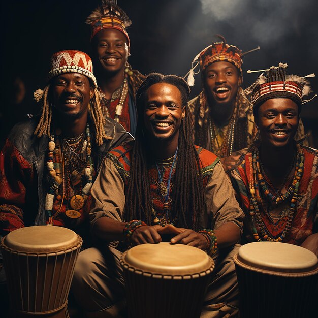 Foto van verschillende Afrikaanse drummers die het traditionele muziekinstrument djembe spelen
