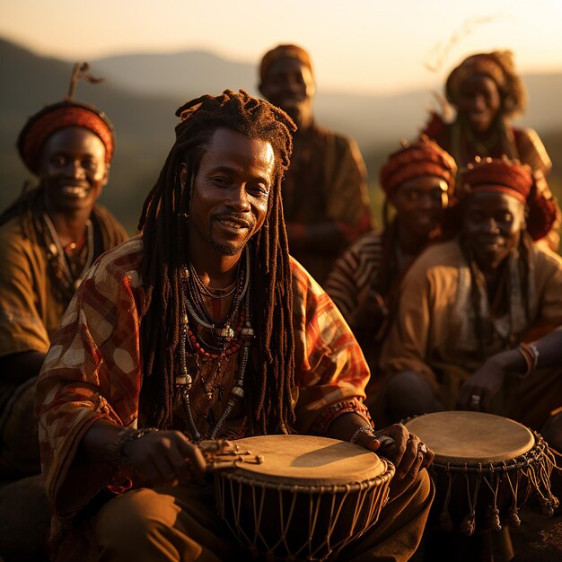 Foto van verschillende Afrikaanse drummers die het traditionele muziekinstrument djembe spelen