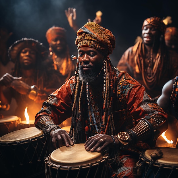 Foto van verschillende Afrikaanse drummers die het traditionele muziekinstrument djembe spelen