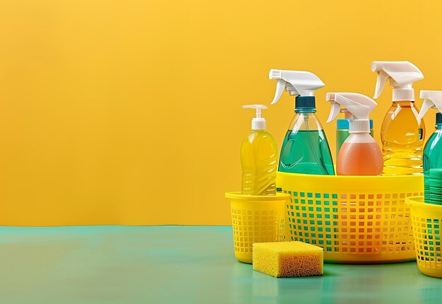 Foto van verschillende flessen met reinigingsmiddelen, antibacteriële hand sanitizer, wasmiddelflessen