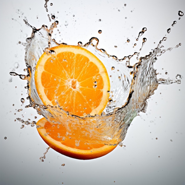 Foto van verse citrusvruchten tussen spatten water op witte achtergrond